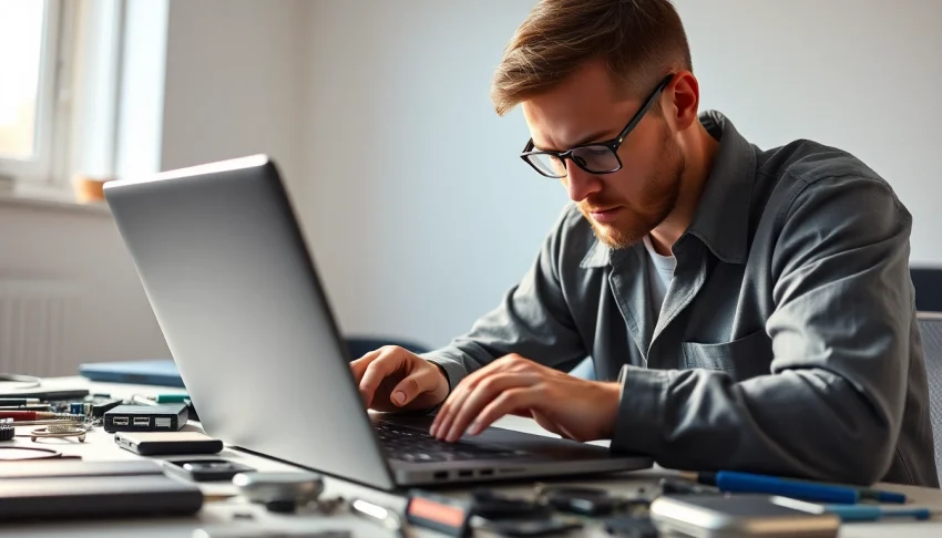 Riparazione pc Torino da un tecnico esperto con attrezzi professionali in un ambiente luminoso e ordinato.