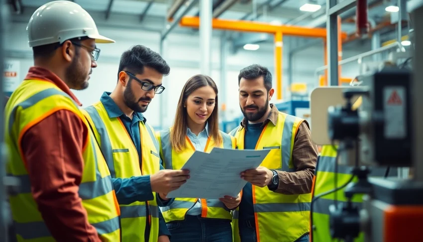 Promote Health and Safety Compliance through workplace inspection featuring diverse team discussing safety.
