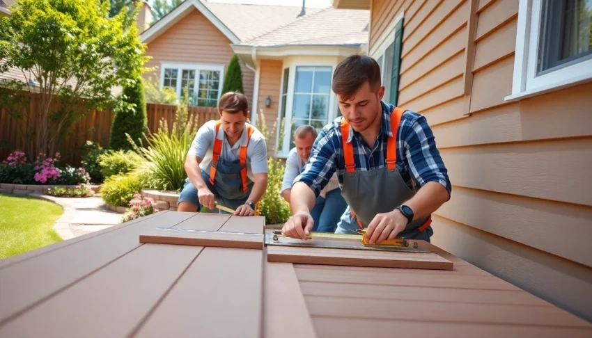 Showcasing skilled contractors executing exterior project services, enhancing a residential home's curb appeal.