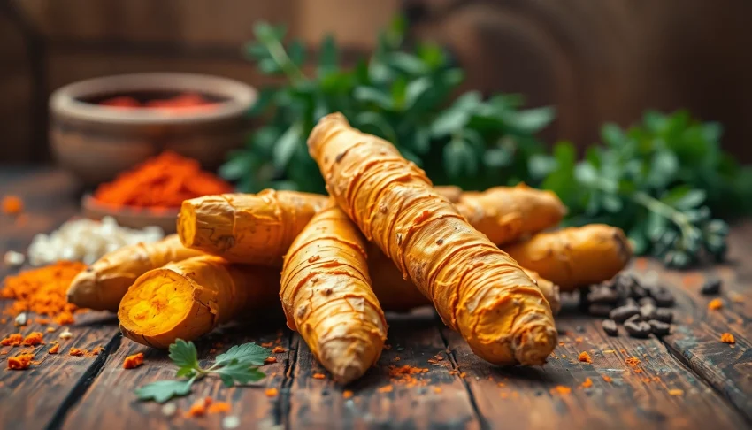 Fresh turmeric root arranged artistically on a wooden table, showcasing its vibrant color and texture.