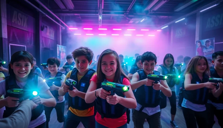 Exciting laser tag arena with players in action, showcasing high-tech gear and vibrant lighting.