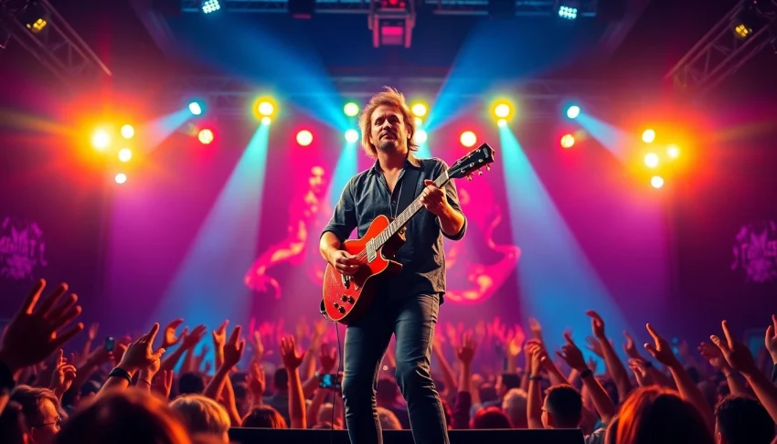 Musician touring passionately on stage, engaging with an energetic audience.