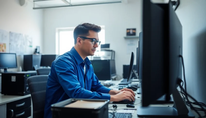 Riparazione computer torino, tecnico esperto al lavoro in un centro di assistenza affollato.