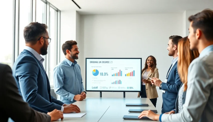 Showcasing a professional team engaging in a discussion about original UK degree benefits.