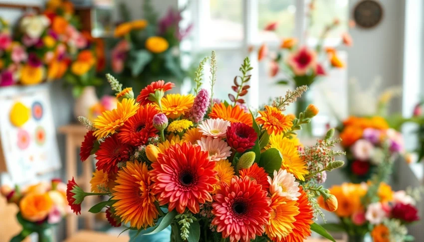 Orange County event florist creating a vibrant bouquet in a bright studio, emphasizing floral artistry.