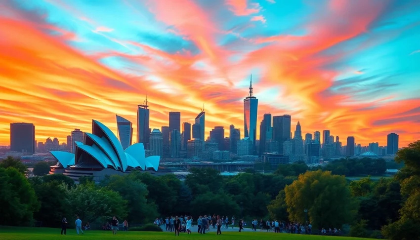Vibrant city skyline showcasing the AI image generator Australia as an artistic focal point in a sunset landscape.