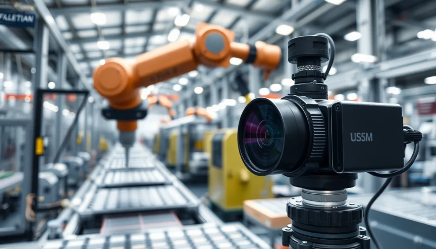 Machine vision technology at work in a high-tech factory setting with advanced robotics.
