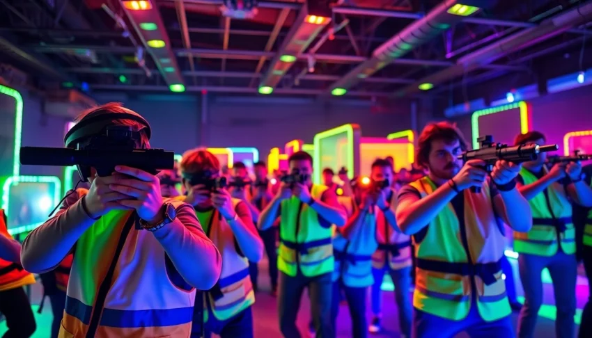 Experience thrilling laser tag gameplay with colorful lights and eager participants in action.