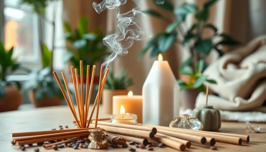 Incenses for cleansing with aromatic smoke wafting in a calming indoor space.