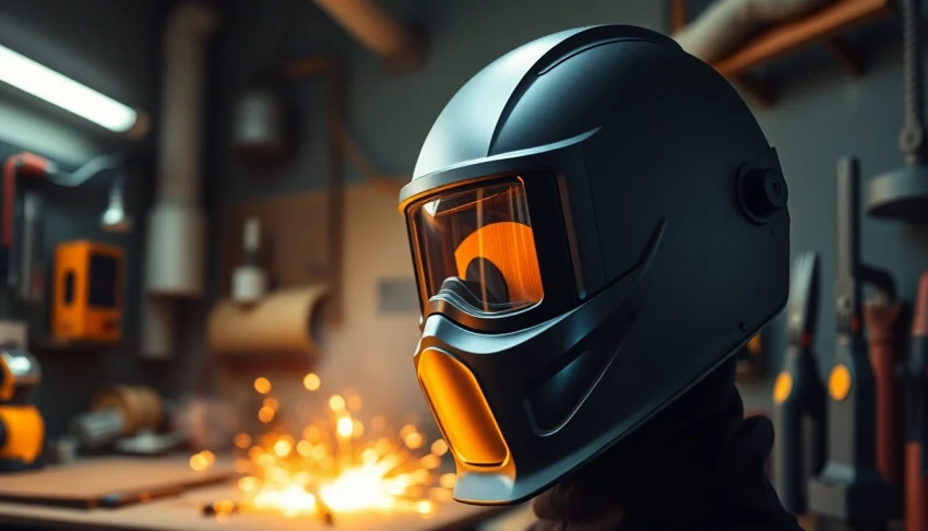 Showcasing a welding mask, highlighting its reflective visor and durable design in a workshop environment.