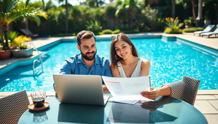 Explore swimming pool financing options with a couple by a luxurious poolside laptop setup.