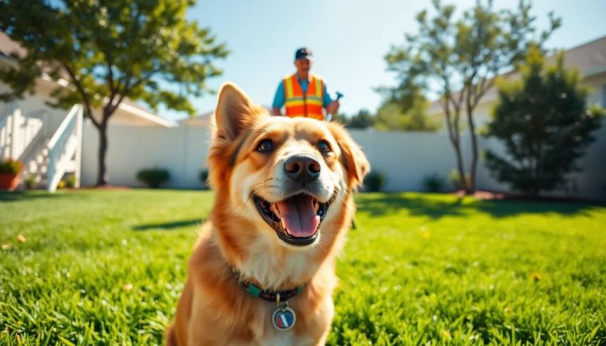 Dog poop cleanup service being performed in a vibrant backyard by a professional technician.