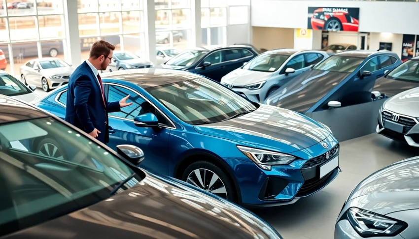 Learn about Part Exchange options at a car dealership with a professional consultant showcasing various vehicles.