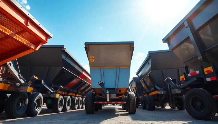 Browse hydraulic dump trailers for sale with powerful features at a construction site.