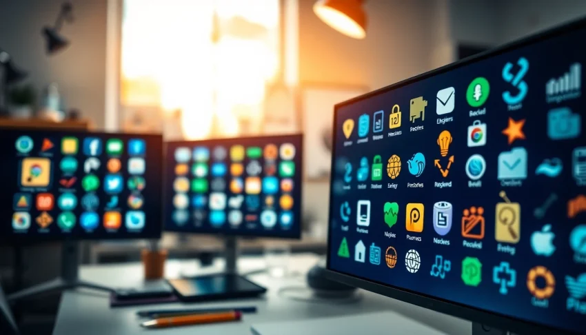 Design studio showcasing various icons in vibrant colors on digital screens, emphasizing creativity.