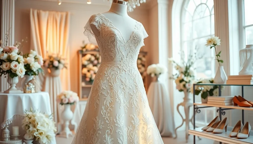 Admiring Lace Wedding Dresses showcased in an elegant setting, emphasizing intricate lace details.