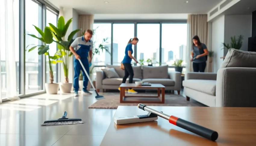 Cleaning professionals performing bond cleaning Logan expertly in a bright modern apartment setting.