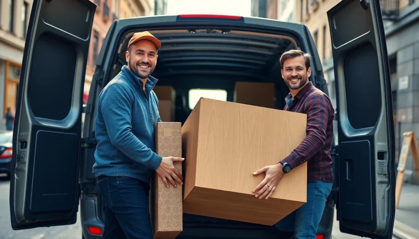 Man and van moving team actively loading boxes into a van for a local move.
