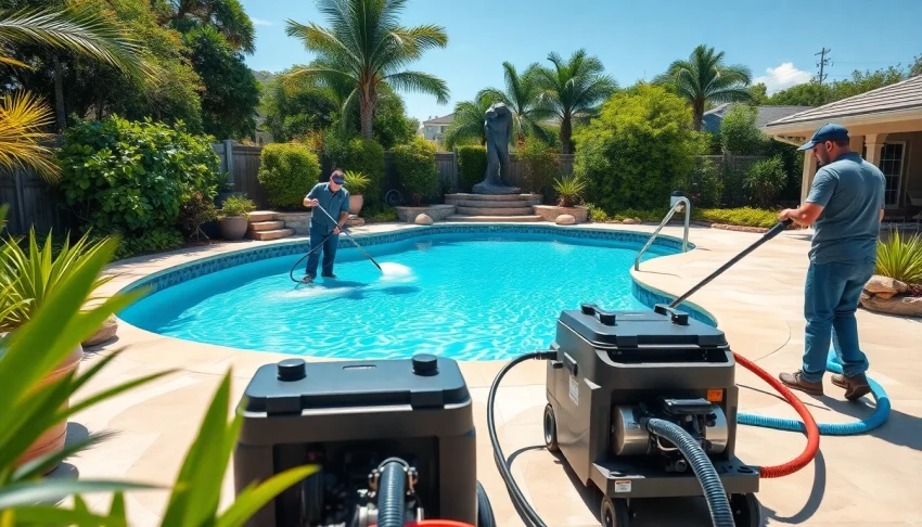 Reliable pool cleaning service near me showcased by technicians maintaining a spotless pool.