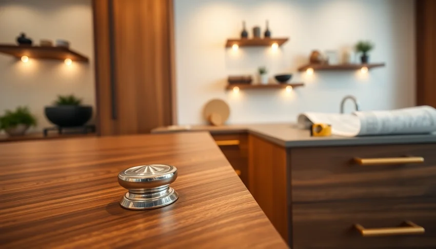 Highlighting furniture hardware manufacturers with elegant cabinet pulls and knobs in a stylish modern setting.