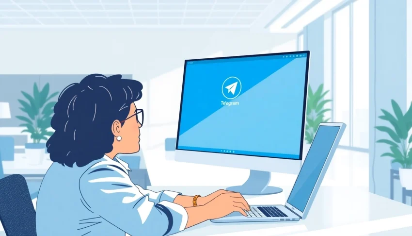 Engage with the latest features of Telegram电脑版中文 on a desktop in a modern workspace setting.