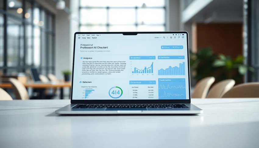 AI checker tool interface showcasing detection results on a laptop's screen in a modern office setting.