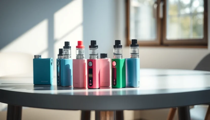 Showcase of nicotine free vapes in vibrant colors with modern designs on a sleek table.