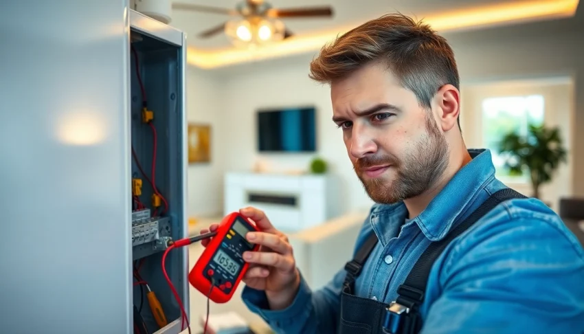 Electrician inspecting an electrical panel Clearwater in a well-lit residential home for safety and efficiency.