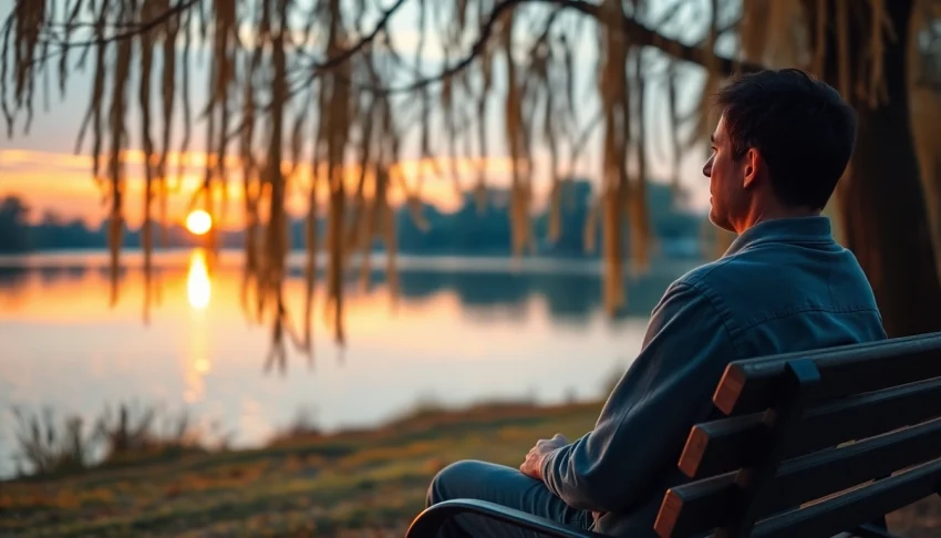 Reflective individual dealing with grief on a serene park bench near a healing lake.