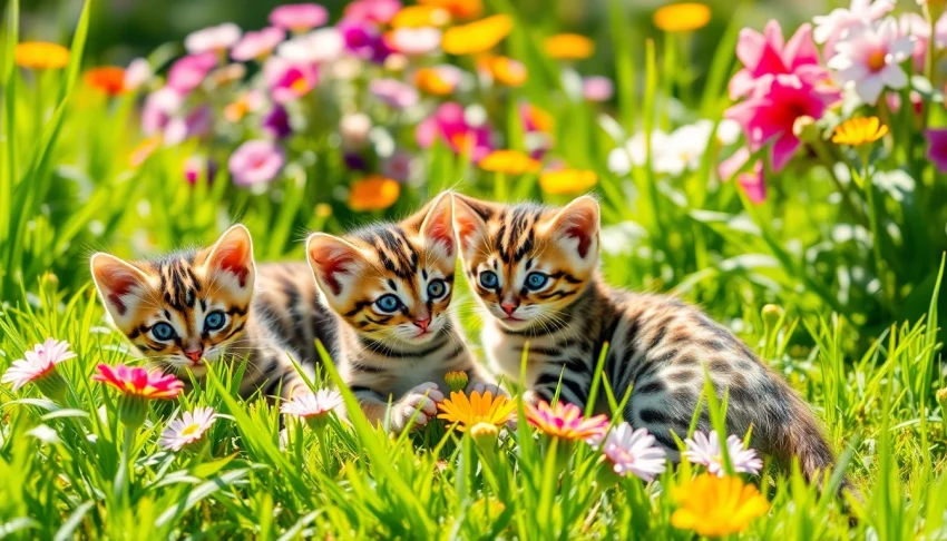 Playful Bengal Kittens for Sale in a vibrant garden setting with colorful flowers.