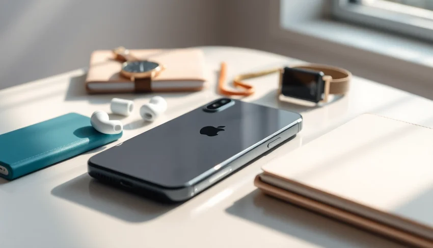 Buy iPhone with a stylish Apple device and accessories on a minimalist table.