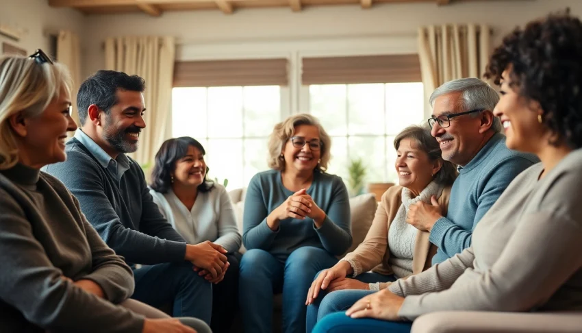 People engaging in support and sharing while dealing with grief in a warm, inviting environment.