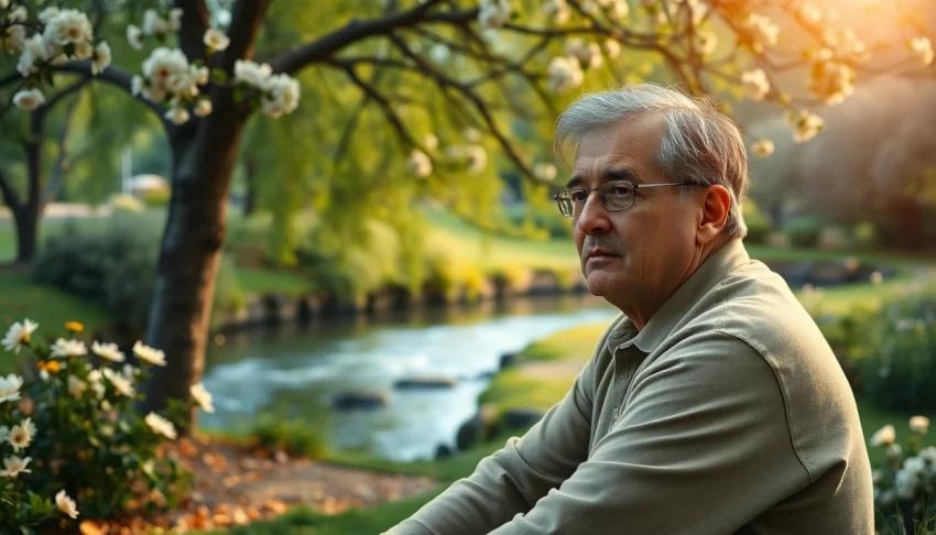 Person in a serene park contemplating while dealing with grief amidst blooming flowers and trees.