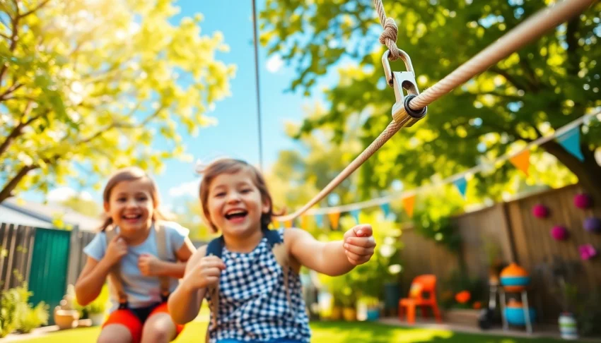Children enjoying a thrilling ride on a ZIP WIRE KIT in a vibrant backyard setting.