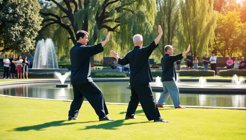 Tai Chi Classes Los Angeles showcasing practitioners demonstrating movements in a serene park.