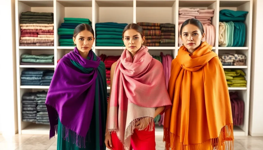 Women showcasing elegant vela scarves in a boutique, emphasizing vibrant colors and luxurious textures.