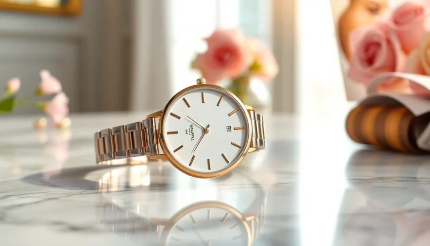 Elegante Damen Armbanduhr auf einer Marmoroberfläche im sanften Licht.