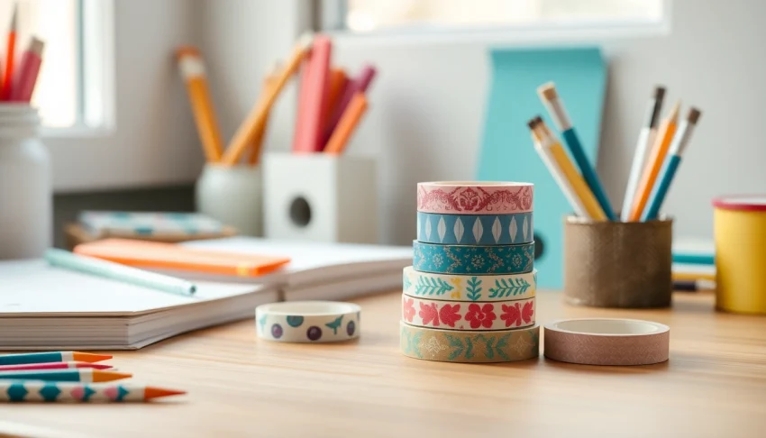 Craft beautiful custom washi tape rolls displayed with colorful stationery.