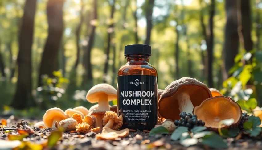 Showcasing a Mushroom Complex supplement surrounded by various mushrooms in a natural setting.