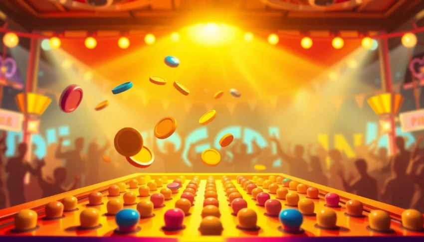 Permainan plinko yang seru dengan chips yang jatuh di papan penuh pegs berwarna-warni.