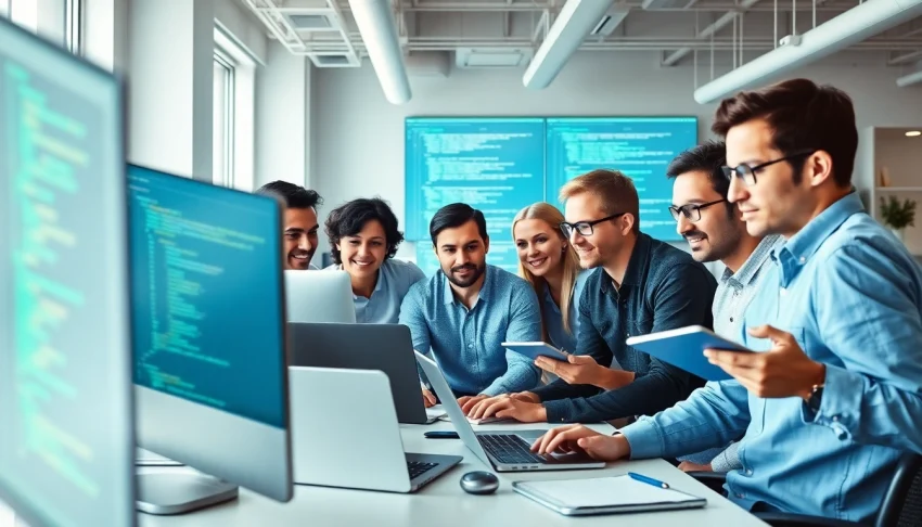 Web development team collaborating in a tech-savvy office environment with coding screens.