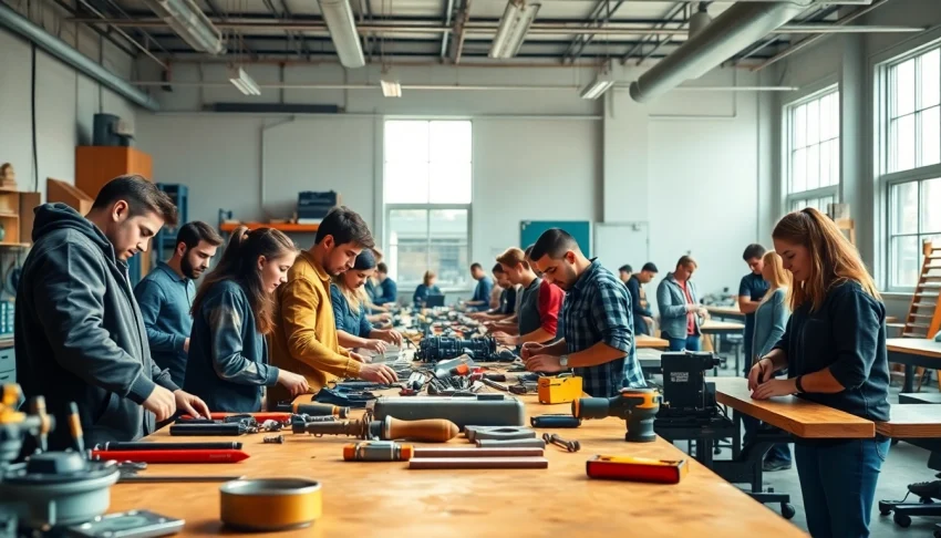Students learning at a trade school in Tennessee, engaging hands-on with equipment and tools.