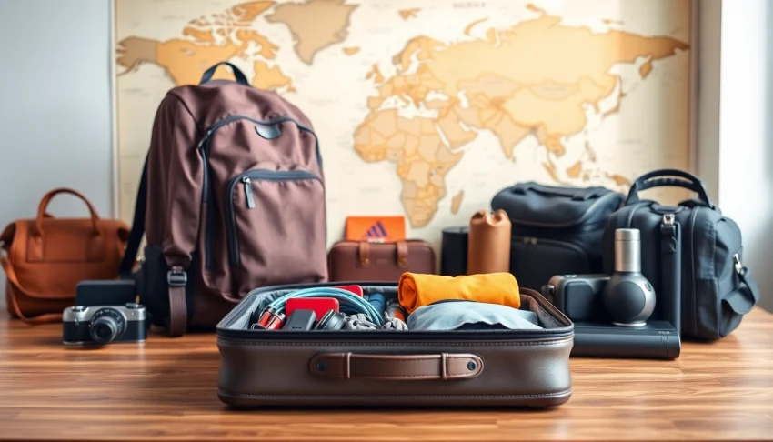 Highlighting essential travel gears arranged neatly on a table, showcasing organization and style.