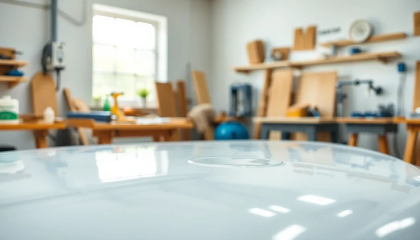 Applying laminating resin in a workshop, emphasizing its smooth texture and clarity.