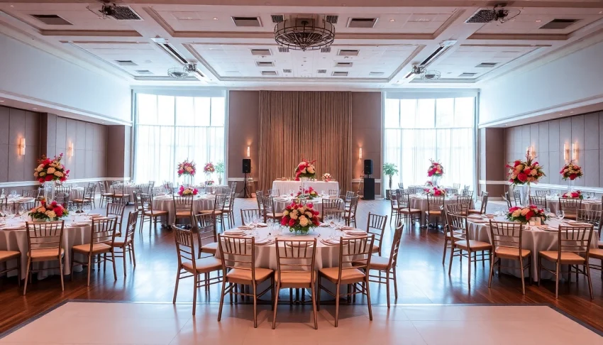 Stunning interior of a trenton event center set up for a festive gathering, showcasing elegant decor.