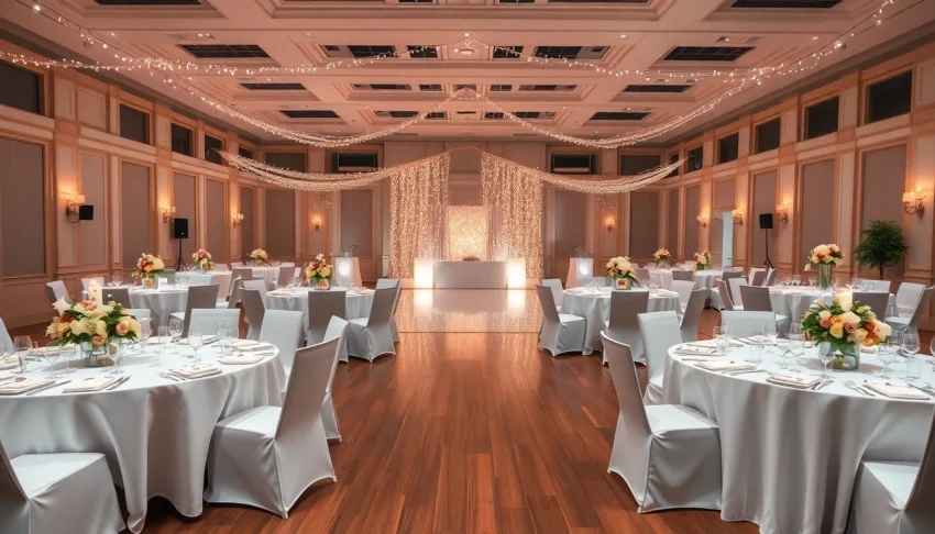 Transforming le prestige hall into a stunning wedding venue with elegant decor and warm ambiance.
