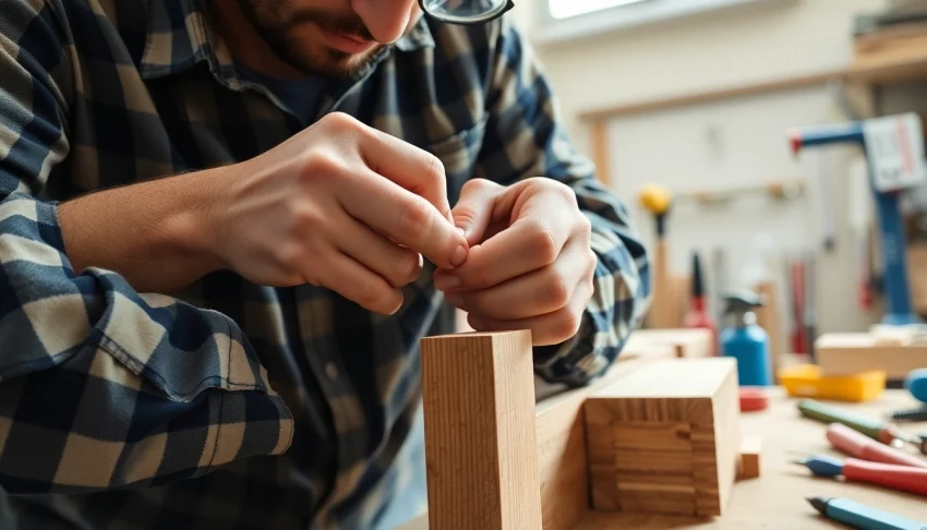 Fasten von Materialien durch einen Handwerker in einer hellen Werkstatt