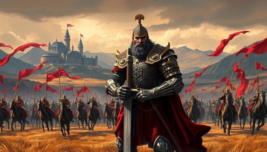 Warlords leading armies on a medieval battlefield, showcasing fierce power and tension.