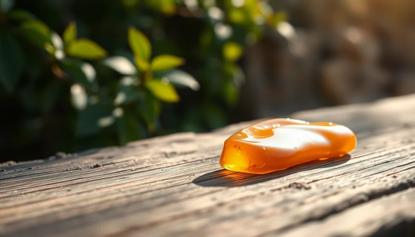 Hule natural ambar brillante en una superficie de madera rústica.