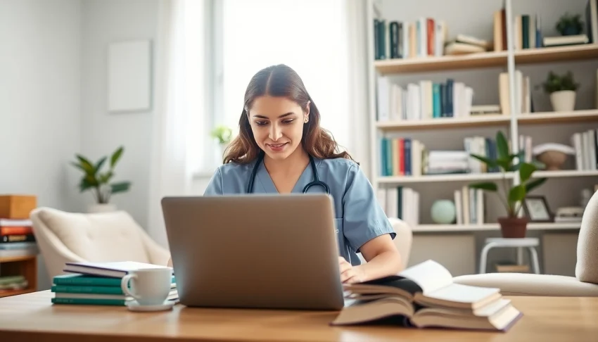 Enhance your RN CEUs with a focused nurse studying online in a serene home office.